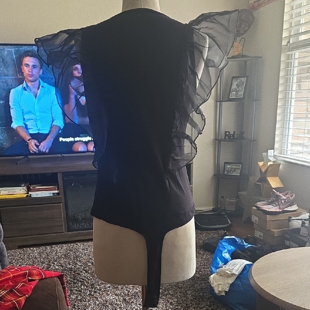 New York & Company Black Sheer Ruffle Sleeve Bodysuit - Picture 2 of 4